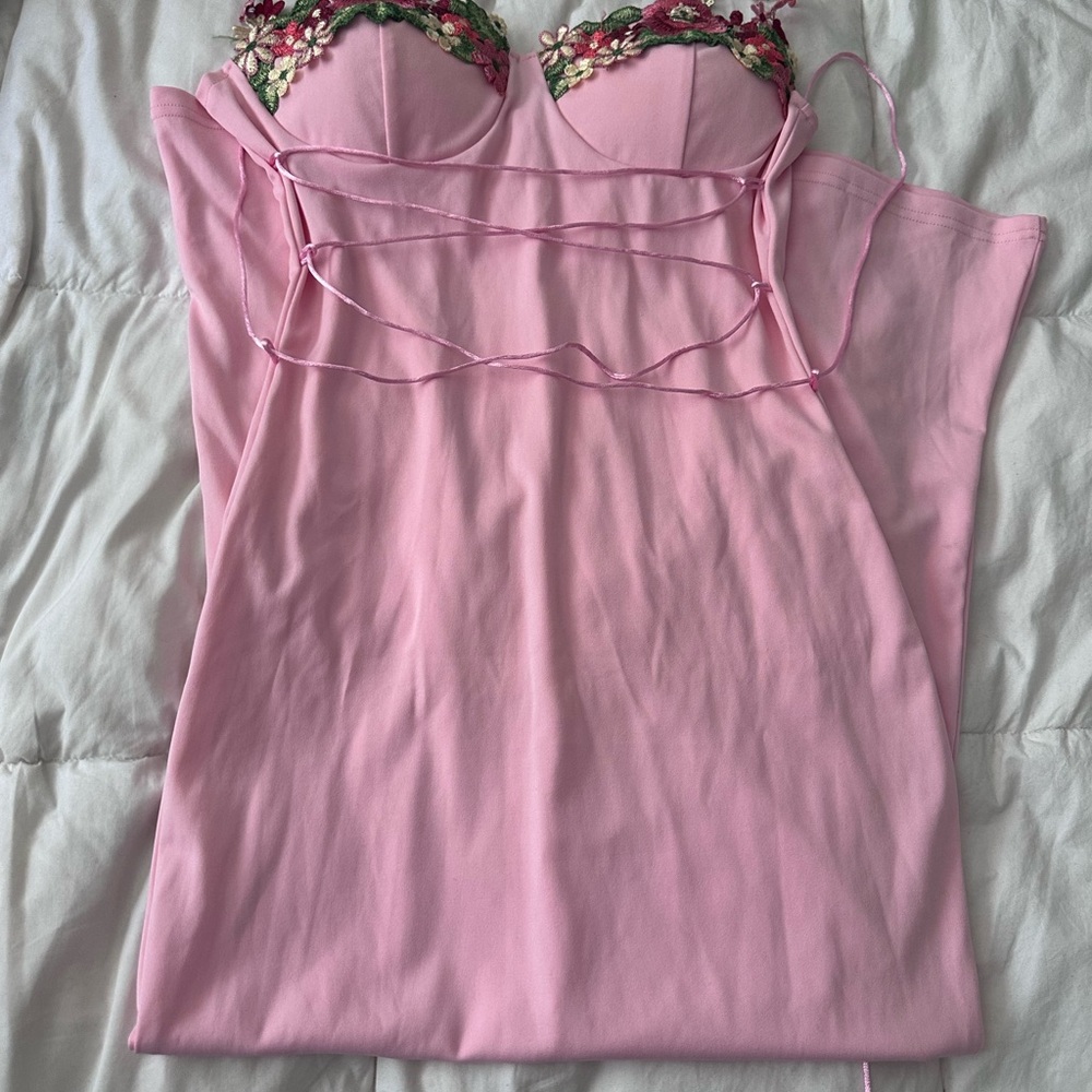Pink floral corset tie maxi dress